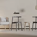 Grey Single Chair With Three Different Stools Light Wall Black Lomax Logo And Ceiling Lamp 3d model