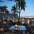 Chic Rooftop Bar With Outdoor Seating Palm Trees Candlelit Tables And Ocean Night View