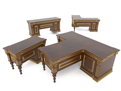 Vintage Office Desks With Dark Wood Finish Gold Accents And Ornate Legs 3d model