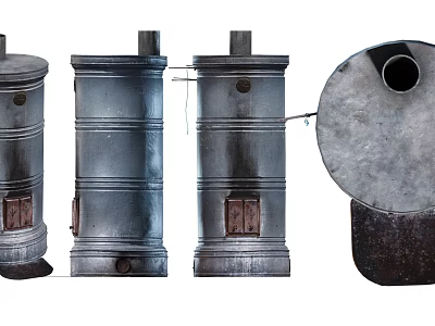 Rustic Vintage Metal Cylindrical Stoves With Chimney And Pipe Connections 3d model