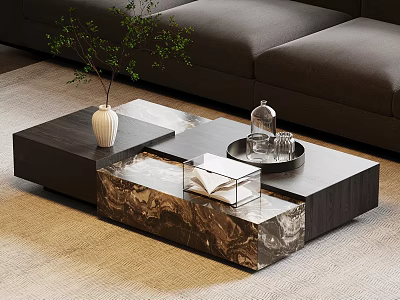 Modern Marble Top Coffee Table With Dark Gray Sofa And Green Plant Vase Glass Cloche 3d model