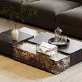 Modern Marble Top Coffee Table With Dark Gray Sofa And Green Plant Vase Glass Cloche