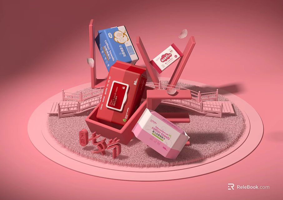 Pink Themed Women's Day Daily Necessities with Colorful Gift Boxes and Decorative Packaging 3d model 