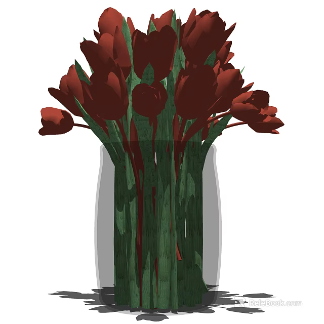 Fresh Red Tulips in Clear Glass Vase with Green Stems for Home Decor 3d model 
