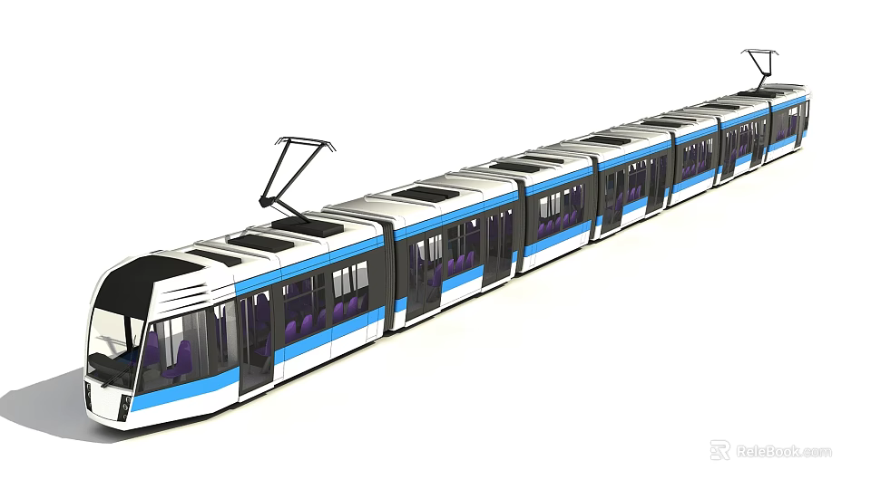Modern Electric Tram With Multiple Carriages White Body Blue Stripes Dark Windows 3d model 