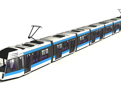 Modern Electric Tram With Multiple Carriages White Body Blue Stripes Dark Windows 3d model