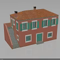 Residential Building With Red Exterior Green Shutters Red Roof Tiles Green Door And Staircase