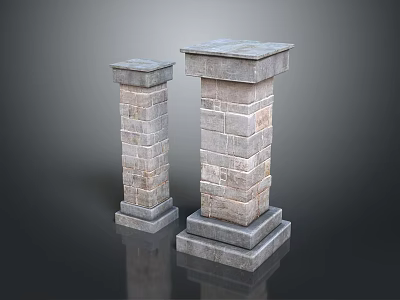 Two Stone Brick Columns with Different Heights and Base Top Design 3d model
