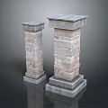 Two Stone Brick Columns with Different Heights and Base Top Design 3d model