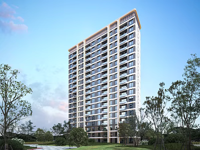 Modern High Rise Residential Building With Glass Windows Surrounded by Green Trees and Clear Sky 3d model