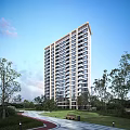 Modern High Rise Residential Building With Glass Windows Surrounded by Green Trees and Clear Sky