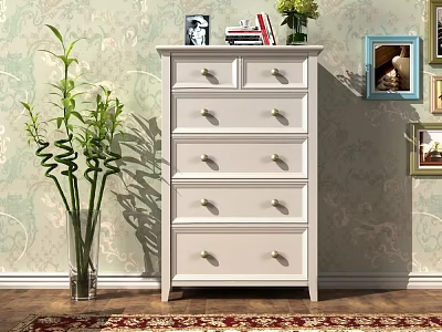 White Chest of Drawers With Metal Handles Green Plant And Framed Pictures On Patterned Wallpaper 3d model