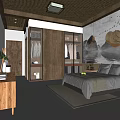 Natural Style Hotel Guest Room With Wooden Wardrobe Decorative Painting And Cozy Bed