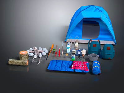Blue Camping Tent Setup With Firewood Cups Water Bottle Backpacks And Sleeping Bag 3d model