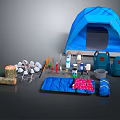 Blue Camping Tent Setup With Firewood Cups Water Bottle Backpacks And Sleeping Bag