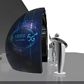 Modern Tech Exhibition Hall With Curved Glass Displays Blue Illuminated Signs And Visitor Interaction