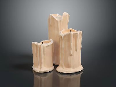 Three Unique Shaped Beige Candles With Melted Drip Texture On Black Smooth Surface Grey Background 3d model