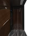 Modern Elevator Hallway With Wooden Striped Wall Elevator Doors And Polished Marble Flooring