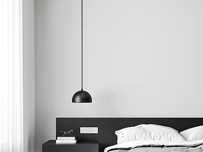Modern Minimalist Bedroom Interior With Black Headboard Pendant Light And White Bedding 3d model