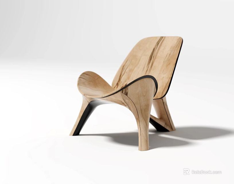 Modern Wooden Leisure Chair With Curved Seat And Backrest Black Legs For Minimalist Interior 3d model 