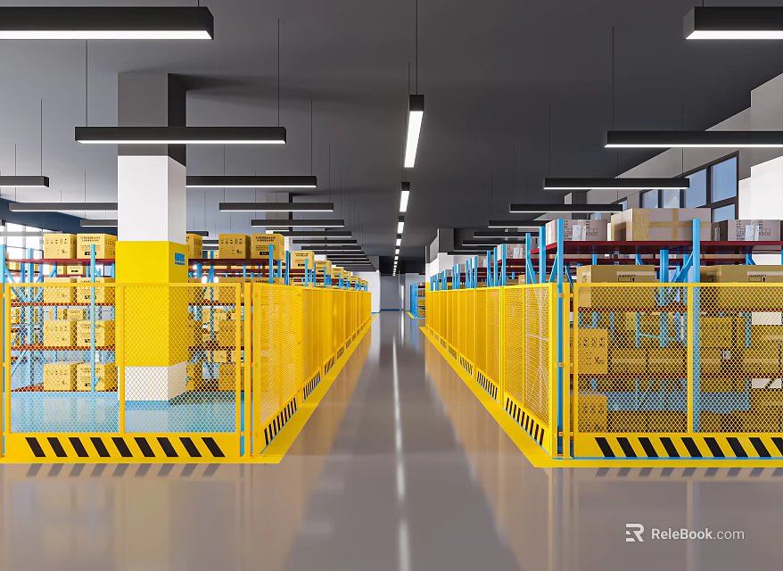 Warehouse Storage Facility With Yellow Guardrails Shelves Stacked Boxes And Industrial Lighting 3d model 