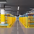 Warehouse Storage Facility With Yellow Guardrails Shelves Stacked Boxes And Industrial Lighting