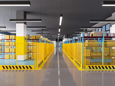 Warehouse Storage Facility With Yellow Guardrails Shelves Stacked Boxes And Industrial Lighting 3d model