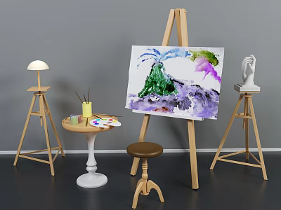 Artistic Painting Supplies Setup With Easel Canvas Painting Palette Brushes And Sculpture 3d model