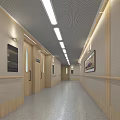 Bright Elevator Hallway With Wooden Doors Ceiling Lights And Wall Handrails