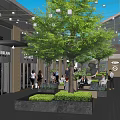 Commercial Landscape Design With Pedestrian Walkway Shops Trees String Lights And Greenery