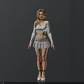 Woman in white crop top with long sleeves and plaid pleated skirt in strapped high heels
