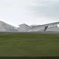 Modern Museum Building With Unique Geometric Design Glass Facade And Green Lawn