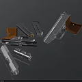 Metallic Pistol Weapon with Multiple Magazines and Metal Parts Displayed on Black Surface