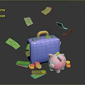 Decorative Ornament Set Blue Suitcase Yellow Handle Green Dollar Bills Pink Piggy Bank Yellow Coins