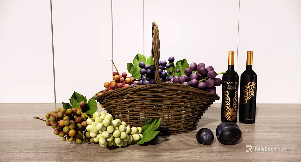 Fresh Assorted Fruits With Purple Green Red Grapes And Plums In Woven Basket On Table 3d model 