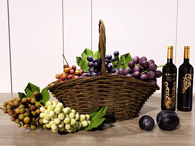 Fresh Assorted Fruits With Purple Green Red Grapes And Plums In Woven Basket On Table 3d model