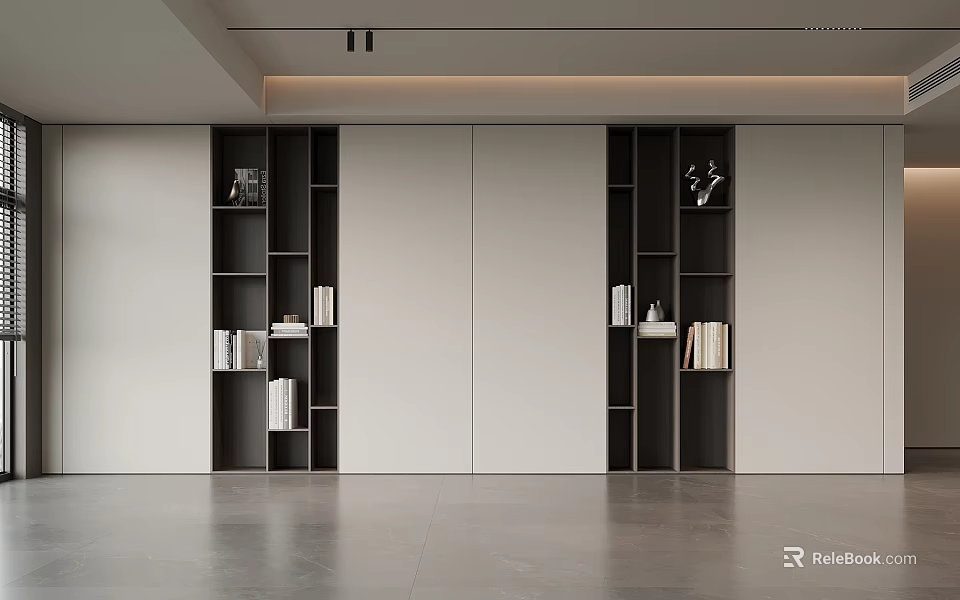 Modern Minimalist Built in Bookcases Interior Design With Dark And Light Color And Decorative Items 3d model 