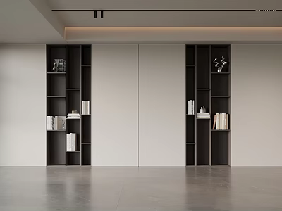 Modern Minimalist Built in Bookcases Interior Design With Dark And Light Color And Decorative Items 3d model