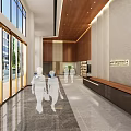 Elegant Modern Front Desk Reception With Wooden Striped Walls Stone Panels Display Shelves And Lighting