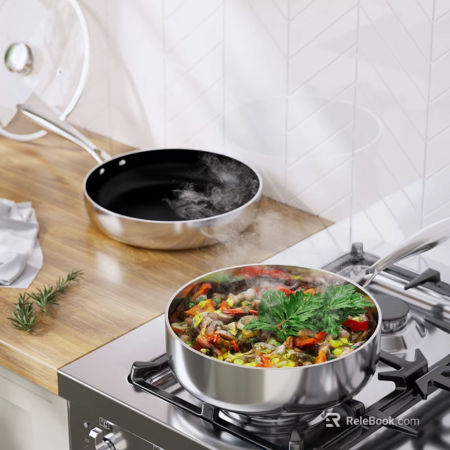Quality Cookware Set With Non Stick Frying Pan Cooking Fresh Vegetables And Herbs On Stovetop 3d model 