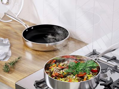 Quality Cookware Set With Non Stick Frying Pan Cooking Fresh Vegetables And Herbs On Stovetop 3d model