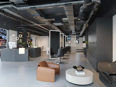 Modern Hair Salon Interior With Gray Reception Desk Mirrors Styling Chairs And Brown Furniture 3d model