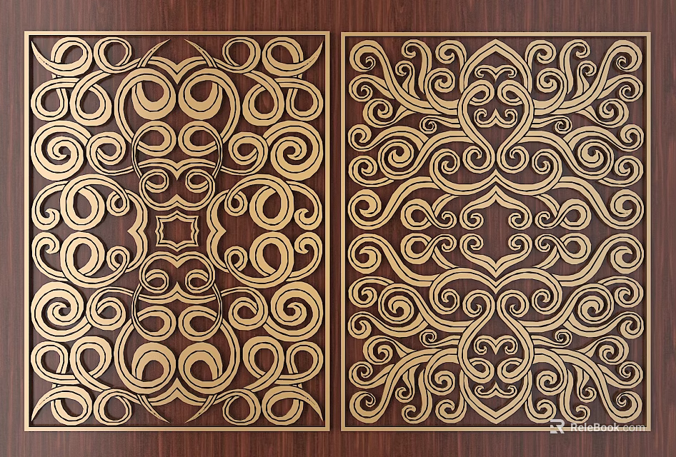 Intricate Golden Decorative Carvings On Wooden Background With Symmetrical Patterns 3d model 