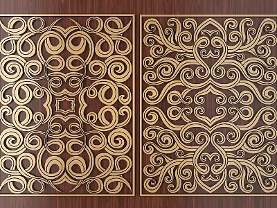 Intricate Golden Decorative Carvings On Wooden Background With Symmetrical Patterns 3d model