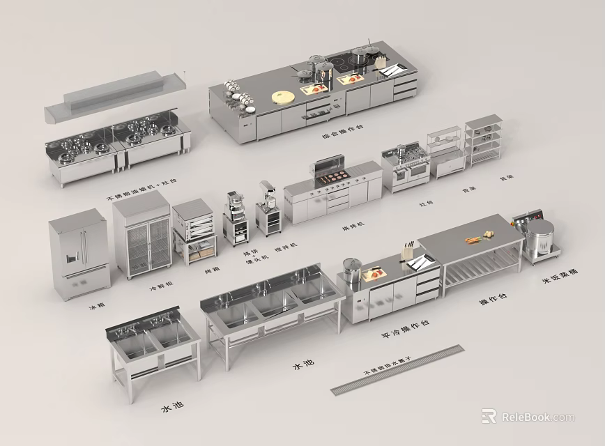 Commercial Catering Kitchen Setup With Workstations Storage Cabinets And Stainless Steel Counters 3d model 