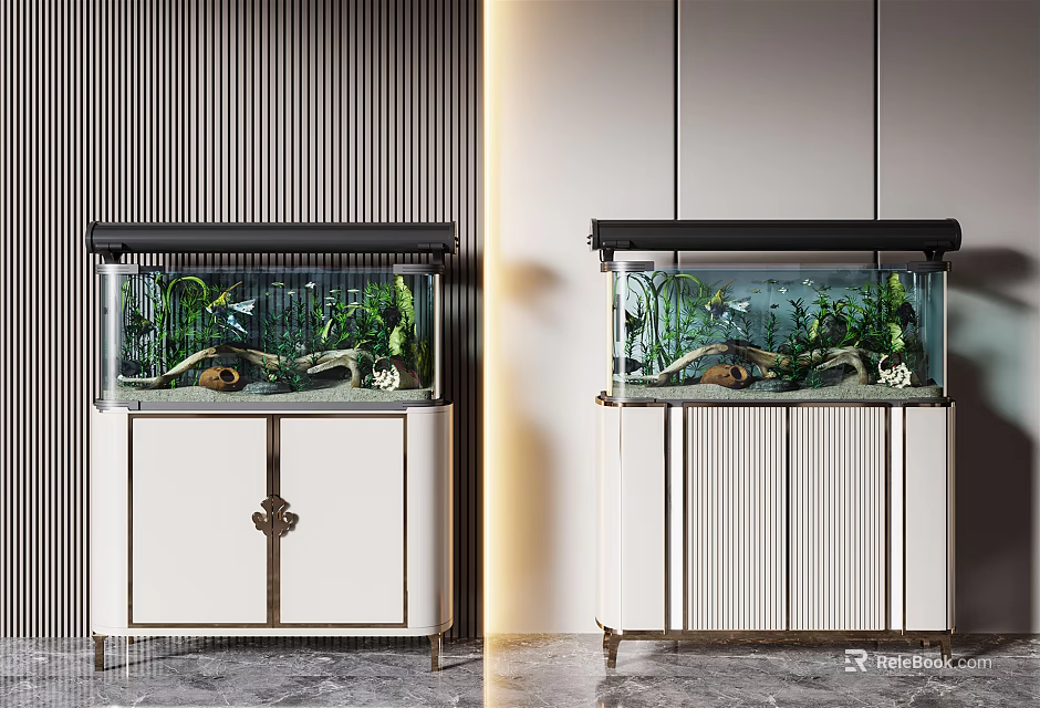 Stylish Aquariums on White Cabinets with Gold Accents and Striped Walls in Modern Decor 3d model 