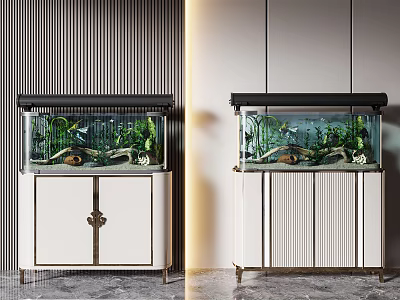 Stylish Aquariums on White Cabinets with Gold Accents and Striped Walls in Modern Decor 3d model