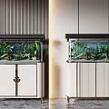 Stylish Aquariums on White Cabinets with Gold Accents and Striped Walls in Modern Decor