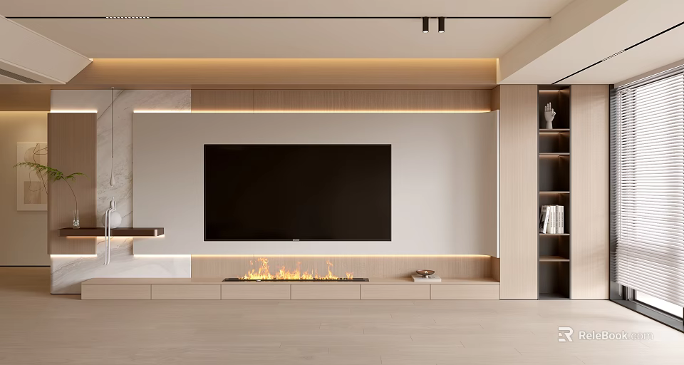 Modern Minimalist Living Room Interior With TV Wall Fireplace Wooden Decor Shelves And Warm Lighting 3d model 