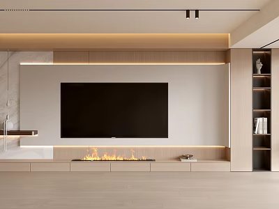 Modern Minimalist Living Room Interior With TV Wall Fireplace Wooden Decor Shelves And Warm Lighting 3d model